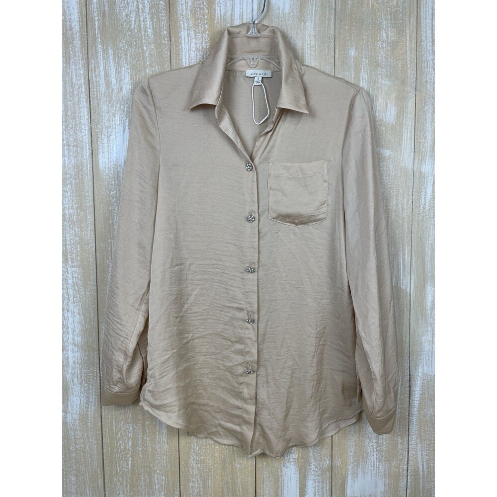 Alex & Lili Women's S Blouse Champagne Silky Long Sleeve Rhinestone Button Down